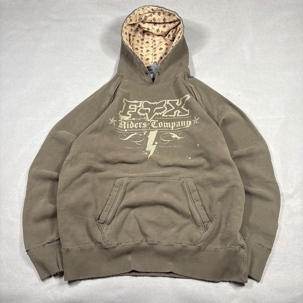 Fox Riders Company Faded Distressed Hoodie Brown Graphic Pullover Motocross L